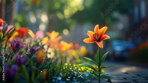 Fototapeta Naklejka Na Ścianę i Meble -  a small garden on the sidewalk of a street full of lily flowers, but one stands out