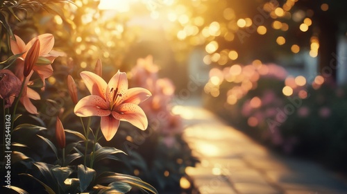 Fototapeta Naklejka Na Ścianę i Meble -  a small garden on the sidewalk of a street full of lily flowers, but one stands out