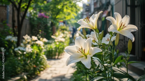 Fototapeta Naklejka Na Ścianę i Meble -  a small garden on the sidewalk of a street full of lily flowers, but one stands out