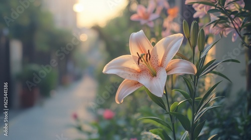 Fototapeta Naklejka Na Ścianę i Meble -  a small garden on the sidewalk of a street full of lily flowers, but one stands out