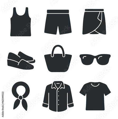 Vacation Wardrobe Icons. Solid, filled icons set of mix-and-match vacation pieces: tank top, neutral shorts,