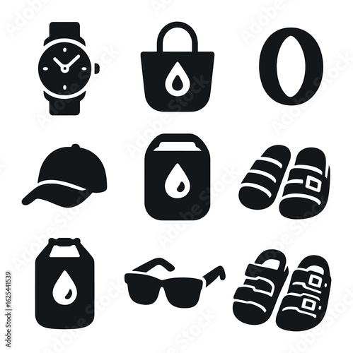 Water-Resistant Accessories Icons. solid, filled icons set of water-resistant accessories: waterproof watch,
