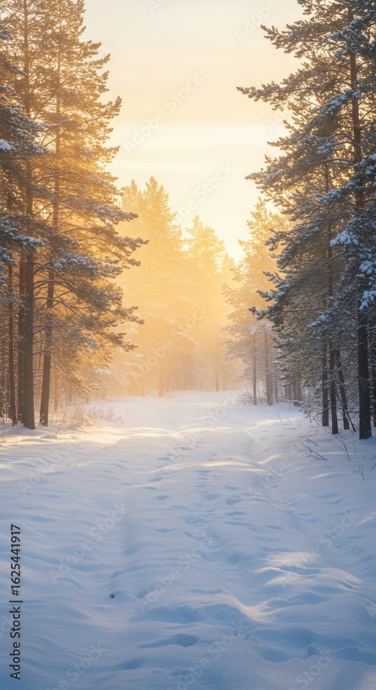 Naklejka premium Winter forest path bathed in golden morning sunlight, creating a serene and peaceful natural landscape