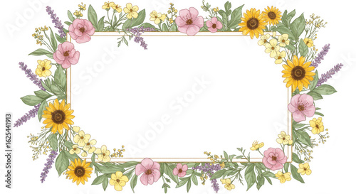 Photo of a watercolor floral frame with sunflowers and pink flowers isolated on transparent background creates a vibrant design