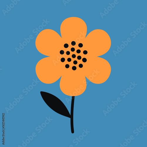 Simple icon of an orange flower with black dots in the center on blue background, symbolizing the arrival of autumn, vector illustration

