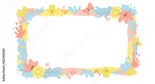 Photo of a pastel watercolor floral frame with lemons and butterflies isolated on transparent background