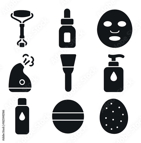 Facial Treatment Icons. Solid, filled icons set of facial treatment tools: jade roller, serum bottle, face