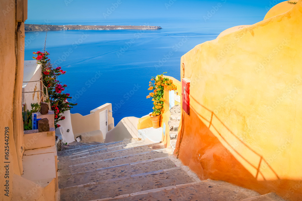 Fototapeta premium street and wooden gates against volcano caldera, beautiful details of Santorini island, Greece