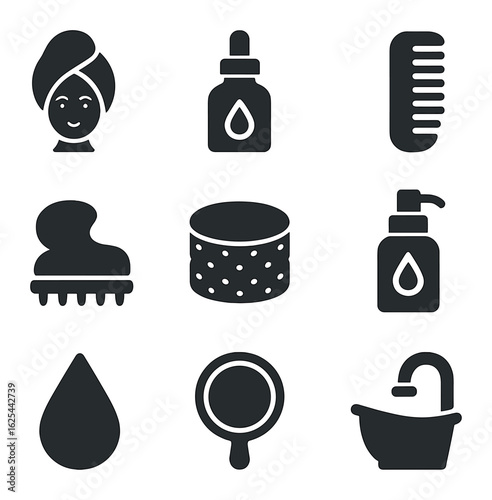 Hair Spa Icons. Solid, filled icons set of hair spa treatment: head towel, hair oil, comb, scalp brush, heat