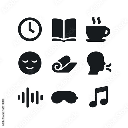 Relaxation Icon Set. Solid, filled icons set of relaxation time icons: clock, book, tea cup, calm face, yoga