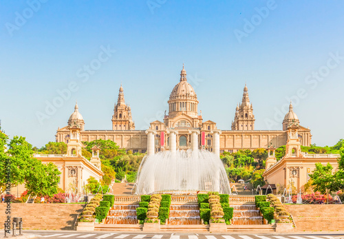 Photography Square of Spain - National museum of Barcelona with fountain at summer day, Spai