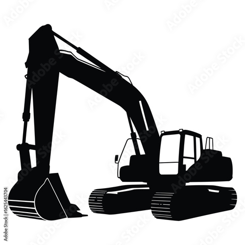 Excavator Silhouette Vector Illustration – Heavy Construction Equipment, Industrial Earth moving Machinery, Digger Vehicle Icon, Engineering Tool, Isolated on White Background