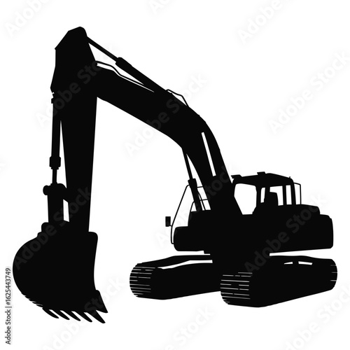 Excavator Silhouette Vector Illustration – Heavy Construction Equipment, Industrial Digger, Earth moving Machinery Icon, Engineering Vehicle, Isolated on White Background