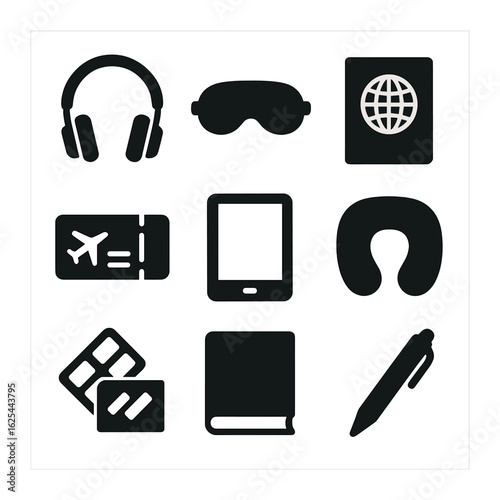 Travel Essentials Icons. Solid, filled icons set of flat lay airplane travel kit: headphones, eye mask,