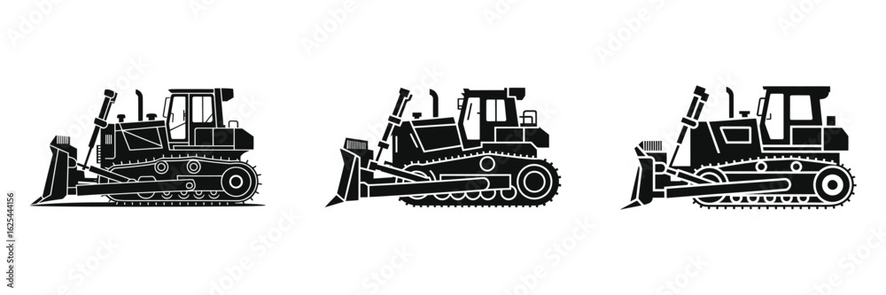 Naklejka premium Set of Bulldozer Silhouette Vector Illustrations – Heavy Construction Equipment, Industrial Machinery, Earthmoving Vehicles, Isolated on White Background