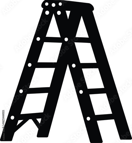 A stark black silhouette of an open a frame stepladder against a white background representing access and height silhouette