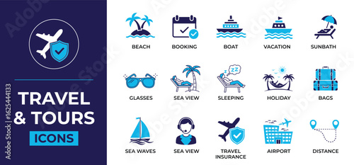 Collection of travel and tour icons representing various vacation and holiday activities