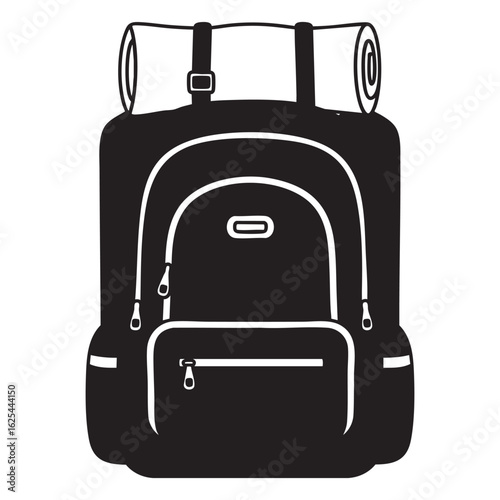 Black silhouette of a large hiking backpack with a rolled sleeping bag on top