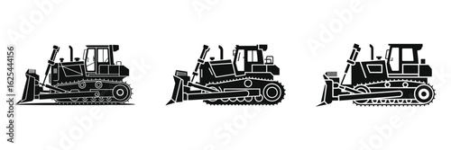 Set of Bulldozer Silhouette Vector Illustrations – Heavy Construction Equipment, Industrial Machinery, Earthmoving Vehicles, Isolated on White Background