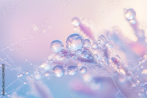 Close-up of dew drops on a flower, pastel colors, delicate and ethereal.
