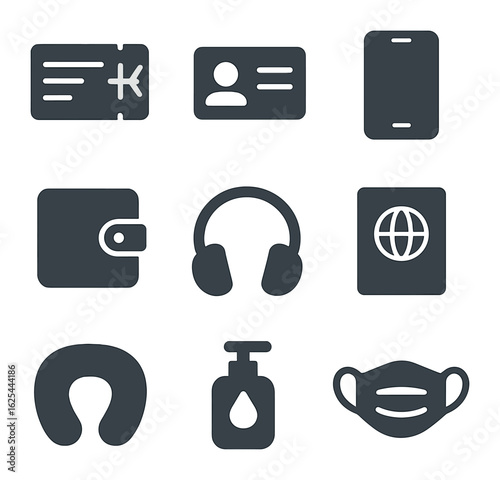 Airport Essentials Icons. Solid, filled icons set of flat lay airport essentials: boarding pass, ID, phone,