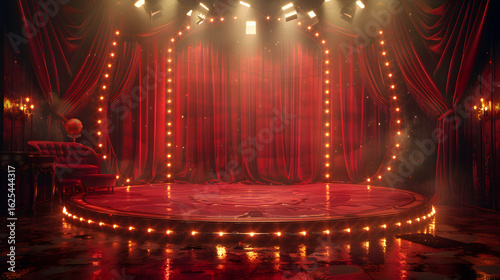 Dramatic Empty Red Velvet Stage with Lights