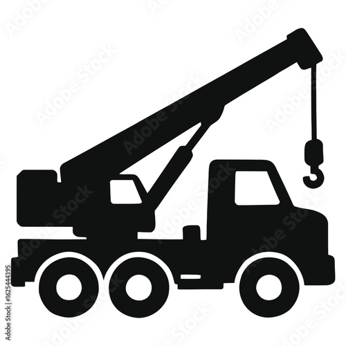 Crane Truck Silhouette Vector Illustration – Heavy Construction Equipment, Industrial Lifting Vehicle, Mobile Crane Icon, Engineering Machinery, Isolated on White Background