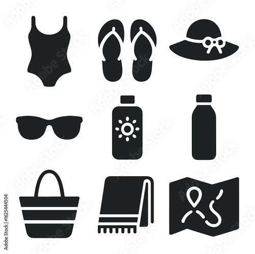 Summer Travel Essentials. Solid, filled icons set of flat lay summer travel: swimsuit, sandals, sunhat,