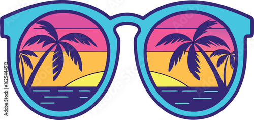 Vibrant retro style sunglasses reflecting a colorful tropical sunset with silhouetted palm trees and calm ocean water creating a nostalgic summer vacation vibe