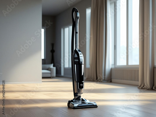 Realistic depiction of a sleek vacuum cleaner in a modern living room illuminated by natural light showcasing clean design and stylish decor