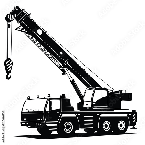 Mobile Crane Truck Silhouette Vector Illustration – Heavy Construction Equipment, Industrial Lifting Machinery, Engineering Vehicle Icon, Isolated on White Background