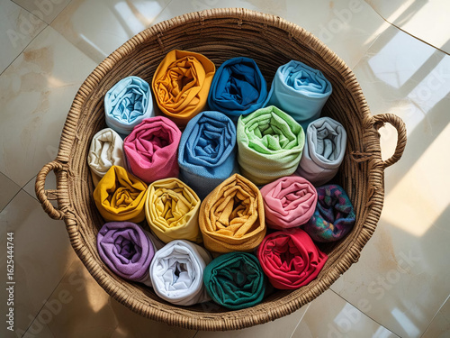 Colorful folded laundry arranged in a woven basket set on a clean tiled floor in a well-lit room