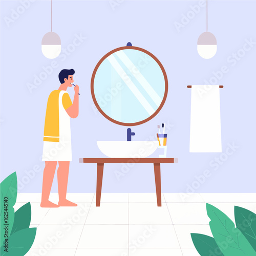 Simple and clean flat design of a man brushing his teeth in the bathroom mirror with toiletries around.