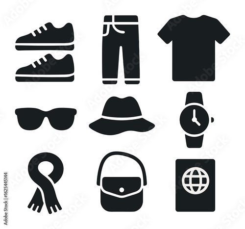 Travel Essentials Icons. Solid, filled icons set of flat lay travel outfit prep: sneakers, jeans, T-shirt,