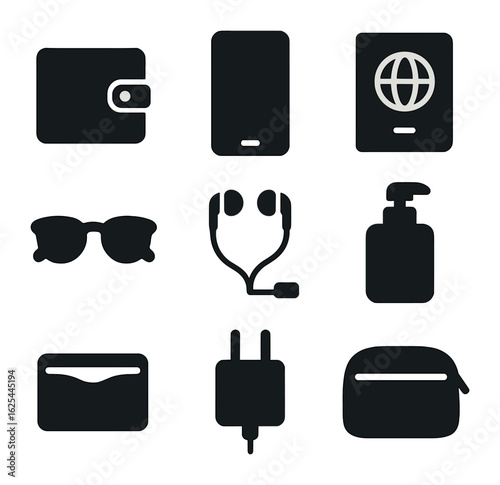 Travel Essentials Icons. Solid, filled icons set of flat lay minimalist travel: wallet, phone, passport,