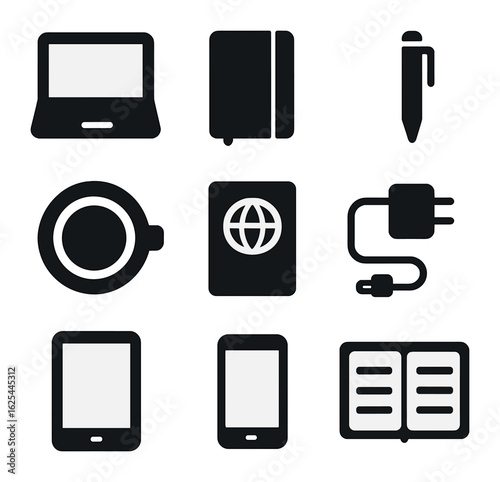 Travel Workspace Icons. Solid, filled icons set of flat lay travel workspace: laptop, notebook, pen, coffee,