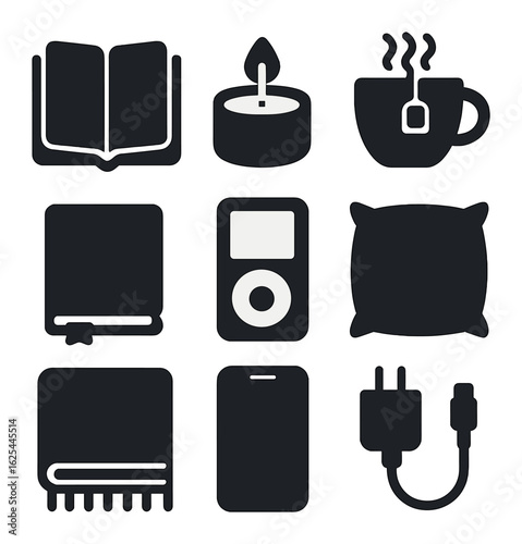 Chill Weekend Essentials. Solid, filled icons set of flat lay chill weekend set: book, candle, tea cup,