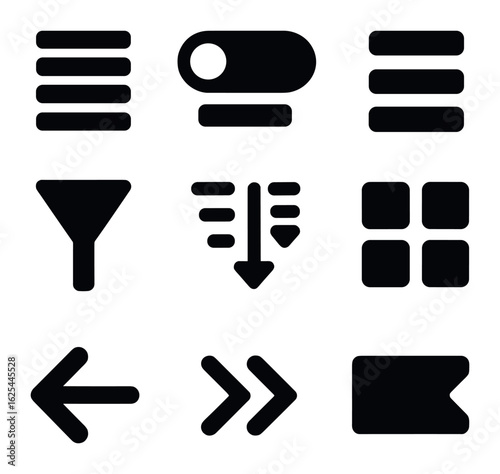 Mobile Store Icons. Solid, filled icons set of mobile store navigation: category list, search bar, hamburger