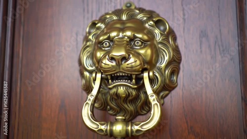 A close up of a golden lion head door knocker attached to a dark wooden door in a house