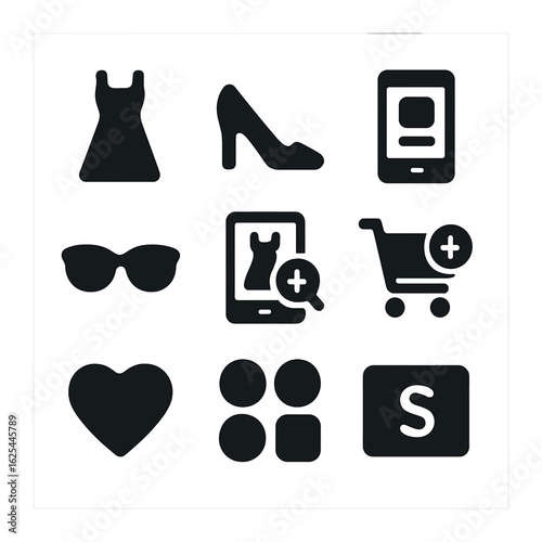 Fashion Store Icons. Solid, filled icons set of mobile fashion store: dress icon, shoe icon, sunglasses,