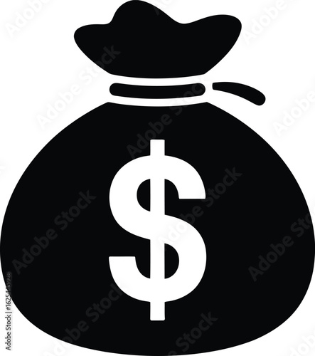 Simple black silhouette of a money bag with a white dollar sign representing wealth and financial success