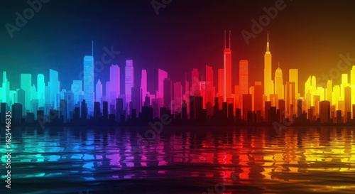 Vibrant, colorful cityscape skyline at night, reflected in the water, symbolizing progress and modern life