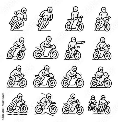 Motorcycle linear icon set. featuring riding, turning, jumping, pointing, stunts, and more.