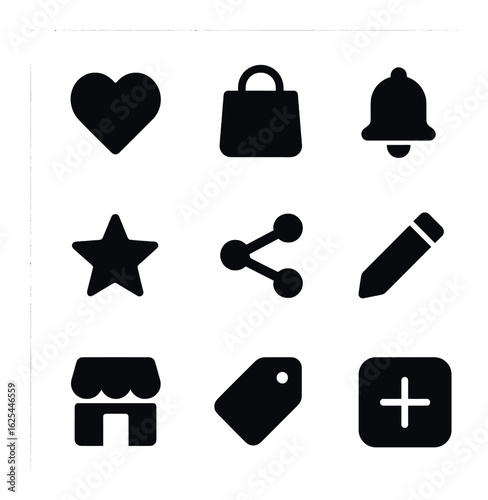 Mobile Wishlist Icons. Solid, filled icons set of mobile wishlist features: heart icon, saved item, reminder