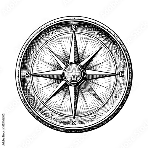 Vintage compass rose in nautical style with engraved design  