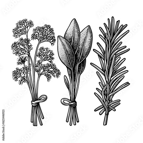 Dill, basil, and rosemary herbs in vintage botanical illustration  