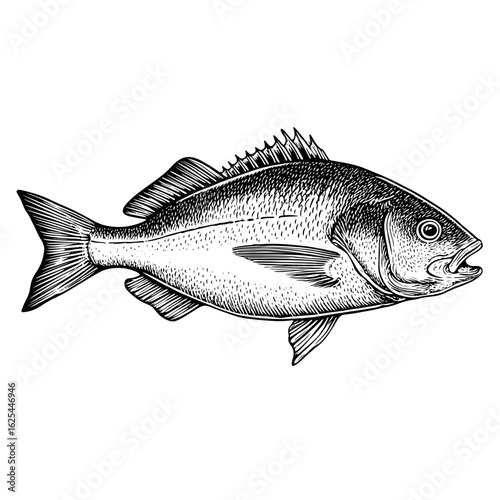 Vintage ink illustration of dorado fish in side profile  