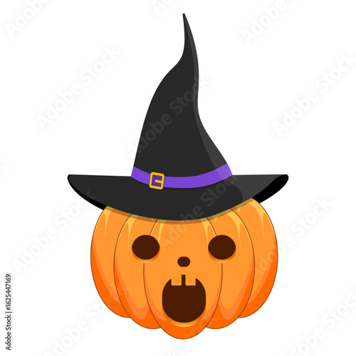 Halloween pumpkin with witch hat and surprised expression