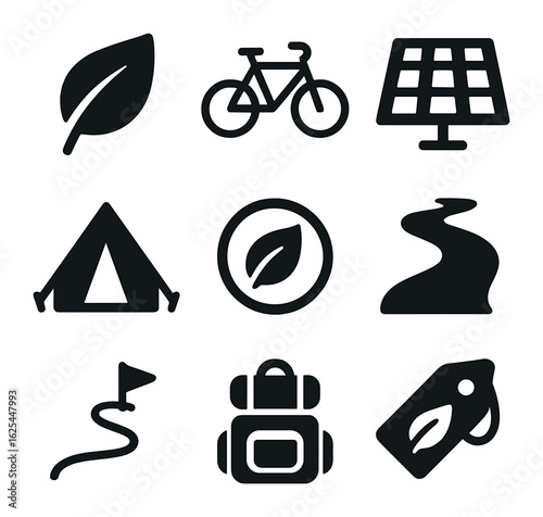 Eco Tourism Icons. Solid, filled icons set of eco tourism promotions: leaf, bicycle, solar panel, tent, eco