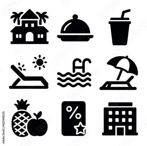 Resort Icon Set. Solid, filled icons set of all-inclusive resort ads: resort icon, buffet plate, drink cup,